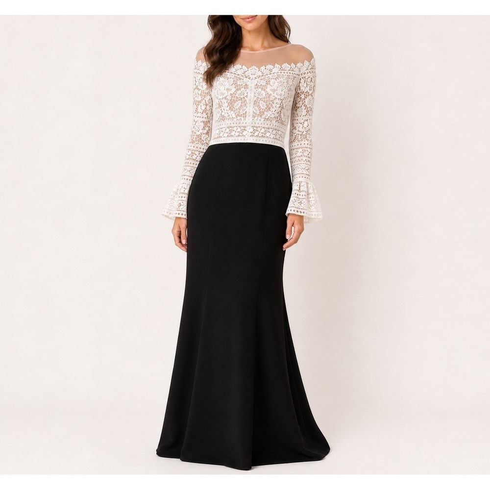 NWT Tadashi Shoji White Black Maxi Dress Idalia Crochet Bodice Gown Train Sz 16